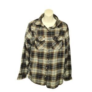 WilFull Womens Large Pearl Snap Shirt Brown Plaid Western Outdoors Rodeo